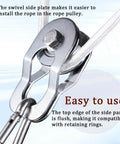 Heavy Duty Cable Snatch Pulley Block With 32 Ft Rope And Hook Dual Bearings Inside For Smooth Operation Chrome Plated Steel Construction 800Lb Lifting Capacity Rugged For Garage Attic Kayak Deer Hanging Gym Equipment 1 Pack, swivel side plate view