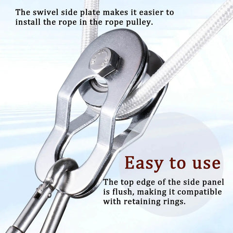 Heavy Duty Cable Snatch Pulley Block With 32 Ft Rope And Hook Dual Bearings Inside For Smooth Operation Chrome Plated Steel Construction 800Lb Lifting Capacity Rugged For Garage Attic Kayak Deer Hanging Gym Equipment 1 Pack, swivel side plate view