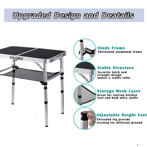 Lightweight Aluminum Folding Table With Adjustable Height And Carry Handle 16 By 24 Inch Portable Picnic Table showing stable structure and storage mesh.