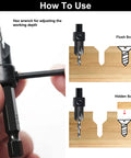 GMTOOLS countersink drill bit set, 3 pcs with 1/4-in hex shank; includes Allen wrench for depth adjustment