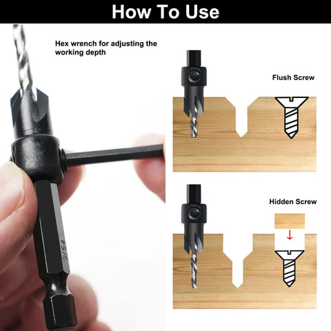 GMTOOLS countersink drill bit set, 3 pcs with 1/4-in hex shank; includes Allen wrench for depth adjustment
