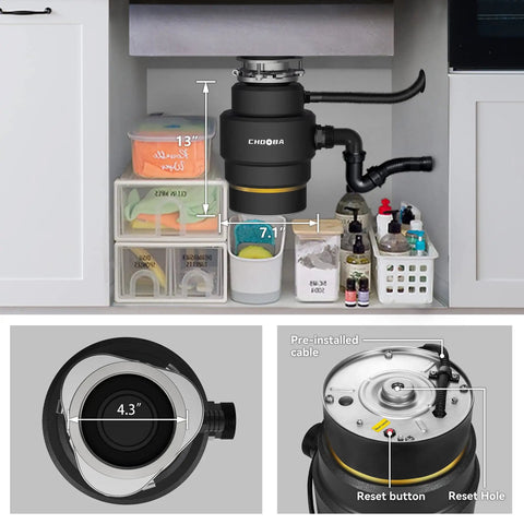 Under-sink view of 3/4 HP Continuous Feed Garbage Disposal With Whisper Quiet Operation, Stainless Steel 4-Stage Grinding, Black