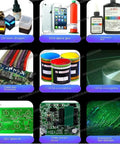 Various UV curing materials including UV resin, OCA glue, cable reinforcements, and UV ink screen printing products.