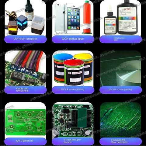 Various UV curing materials including UV resin, OCA glue, cable reinforcements, and UV ink screen printing products.