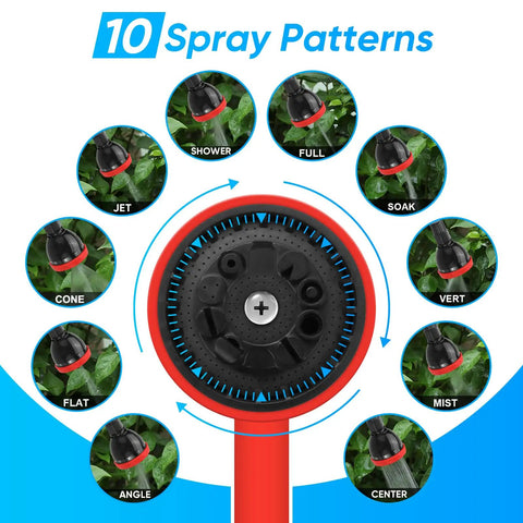 Diagram showing 10 spray patterns of 2 In 1 Bendable Watering Wand For Garden And Car Cleaning with heavy duty sprayer nozzle.