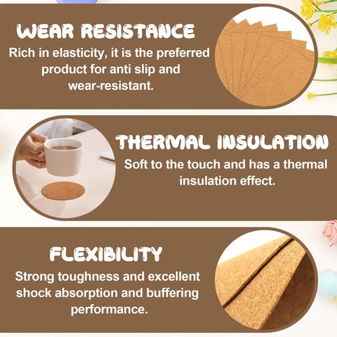 Ten Piece Natural Cork Self Adhesive Sheets Eight Point Three By Eleven Point Seven Inches One Millimeter Thick showing wear resistance, thermal insulation, and flexibility.