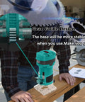 User operating Compact Palm Wood Router Kit With 32000 RPM No Load Speed, base stability shown on wooden board.