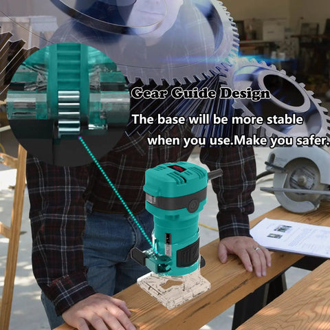 User operating Compact Palm Wood Router Kit With 32000 RPM No Load Speed, base stability shown on wooden board.