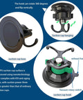 Heavy Duty Suction Cup Hook With Bombproof Grip For Window And Glass Walls Featuring Industrial Grade Nano Pu Base Extreme Temperature Resistant Build Quick Twist Install showing hook rotation and suction cup base.