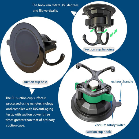 Heavy Duty Suction Cup Hook With Bombproof Grip For Window And Glass Walls Featuring Industrial Grade Nano Pu Base Extreme Temperature Resistant Build Quick Twist Install showing hook rotation and suction cup base.