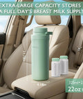 Portable Breast Milk Cooler With Thirty Hour Cooling To Keep Your Fresh Stash Crisp On The Hustle, Travel Proof Nursing Bag Including Two BPA Free Stash Bottles And Pro Grade Ice Pack, Green on car seat showing two bottles.