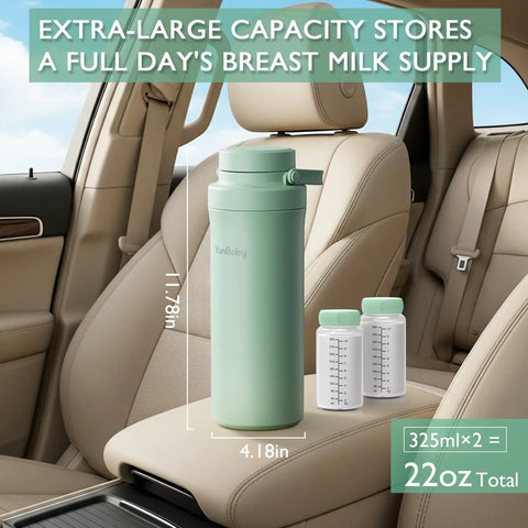 Portable Breast Milk Cooler With Thirty Hour Cooling To Keep Your Fresh Stash Crisp On The Hustle, Travel Proof Nursing Bag Including Two BPA Free Stash Bottles And Pro Grade Ice Pack, Green on car seat showing two bottles.