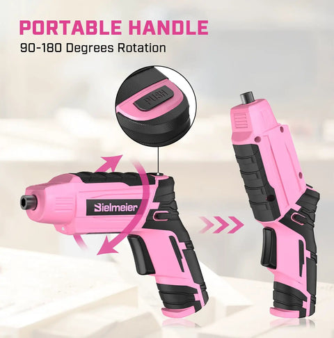 Pink Cordless Screwdriver Set With Automatic Torque Control And Sensor, Lightweight Electric Drill For Women, handle rotation