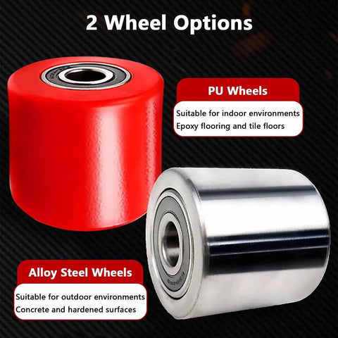 Two wheel options for Heavy Duty Trailer Mover Dolly With One Eighty Degree Pivot: red PU wheel for indoor use, alloy steel wheel for outdoors.