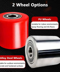 Heavy Duty Machine Mover Dolly Skates With 180 Degree Steering Rollers showing red PU and alloy steel wheels for indoor and outdoor use.
