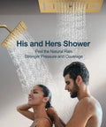 GRANDJOY 23" LED Shower System with Handheld Spray, Brushed Gold, featuring dual shower heads and water coverage.