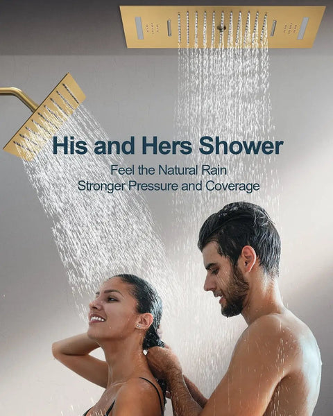 GRANDJOY 23" LED Shower System with Handheld Spray, Brushed Gold, featuring dual shower heads and water coverage.