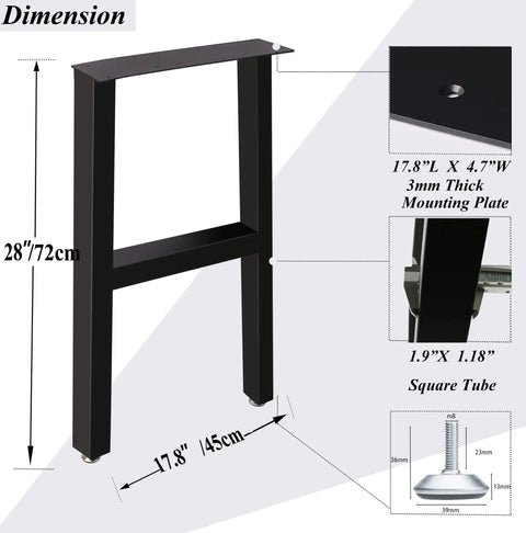 Dimensions of Heavy Duty 28 Inch Metal Table Legs for Dining Desk Coffee Table and Office Use with mounting details.