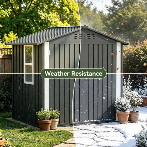 Outdoor Storage Shed With Window Lockable Garden Toolhouse For Backyard Use, half sunny and half snowy, light grey 6x4FT