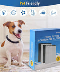 Dog next to box labeled 2 Pack True HEPA Filters And 8 Carbon Pre Filters Replacement Set For Winix C545 Air Purifier