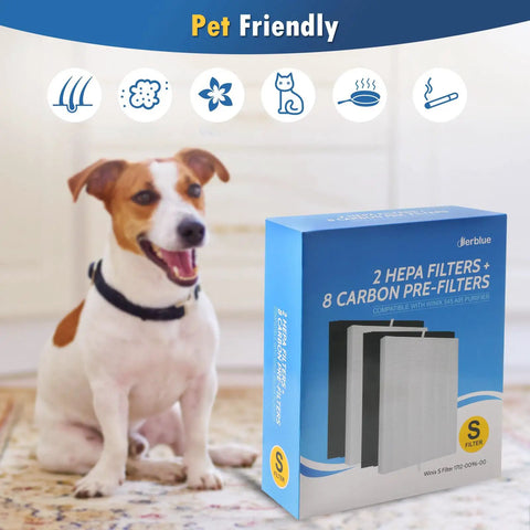 Dog next to box labeled 2 Pack True HEPA Filters And 8 Carbon Pre Filters Replacement Set For Winix C545 Air Purifier