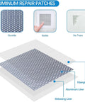 Aluminum repair patches showing layers: fiberglass liner, aluminum liner, releasing liner from All-In-One Wall Hole Patch Kit With 9.8 Oz Repair Putty, Aluminum Patches, Scrapers And Sanding Pad For Quick Easy Wall Repair Of Holes, Cracks And Creaks.