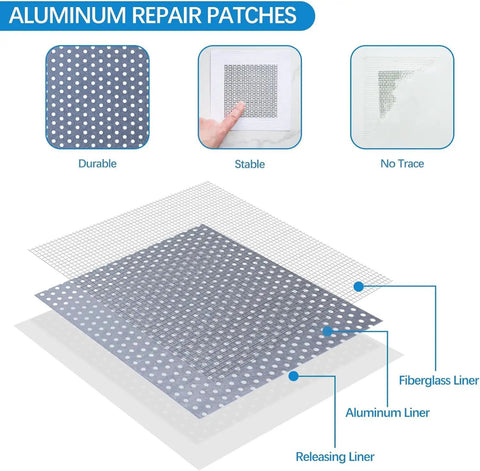 Aluminum repair patches showing layers: fiberglass liner, aluminum liner, releasing liner from All-In-One Wall Hole Patch Kit With 9.8 Oz Repair Putty, Aluminum Patches, Scrapers And Sanding Pad For Quick Easy Wall Repair Of Holes, Cracks And Creaks.