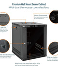 Solid As A Rock 12U Wall Mount Server Cabinet With Clear Glass Door And Auto Thermostat Space Saving 19 Inch Gear Rack Featuring Whisper Quiet Dual Fan Cooling Dead Simple Lockable Panel For Tech Crews, showing dual thermostat controlled fans and lockable door.
