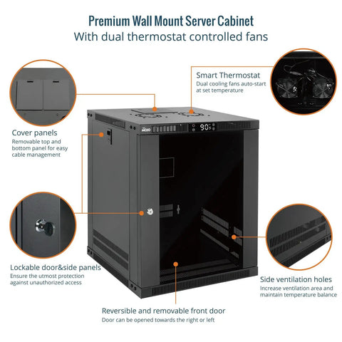 Solid As A Rock 12U Wall Mount Server Cabinet With Clear Glass Door And Auto Thermostat Space Saving 19 Inch Gear Rack Featuring Whisper Quiet Dual Fan Cooling Dead Simple Lockable Panel For Tech Crews, showing dual thermostat controlled fans and lockable door.