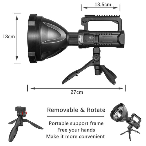 Dimensions and tripod feature of Ultra Bright 200000 Lumen Rechargeable Spotlight For Outdoor Hunting Boating And Camping With 8000 mAh Battery Long Lasting Handheld Searchlight Ready For Any Night Adventure Beast Mode.