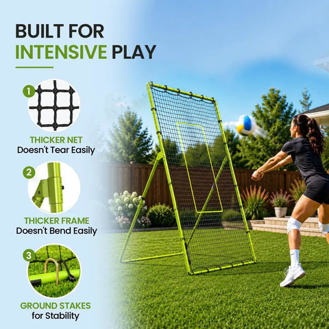 Volleyball Rebounder Net 7x4 Ft With Five Adjustable Angles for Solo Practice in backyard with player using for spiking.