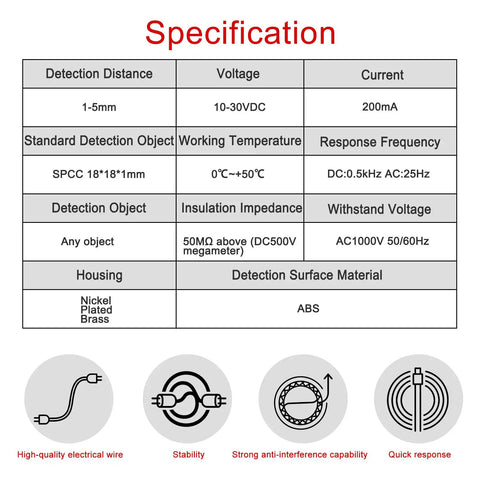 Specification table of Capacitive Proximity Sensor Shielded Type LJC18A3-5-Z/AX, 5mm Detection, 18mm Mounting Hole, 10-30V DC, 200mA Output