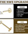 Comparison between gold zircon screw back nose stud and threadless/push-in stud highlighting hypoallergenic features.