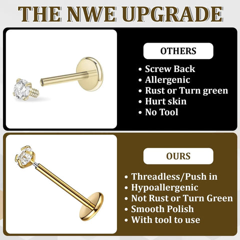 Comparison between gold zircon screw back nose stud and threadless/push-in stud highlighting hypoallergenic features.