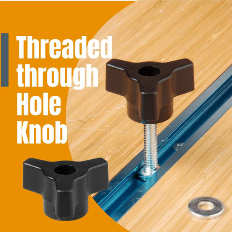 Woodworking T Track Knob Kit 36 Piece Set With 1/4-20 Threads installed in T-slotted miter slot on wood surface