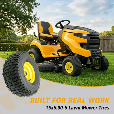 Nuphtun 15x6.00-6 Lawn Mower Tire And Wheel Assembly With Yellow Hubs, Perfect Pre-Mounted Upgrade Kit For Easy Push Mowers Featuring Iron Bushings And Secure Bearings, yellow tread tire on mower