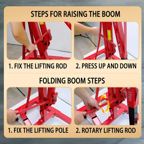 Steps to operate Heavy Duty 2 Ton Folding Hydraulic Engine Hoist With Telescopic Boom And Six Durable Casters Rock Solid Cherry Picker.