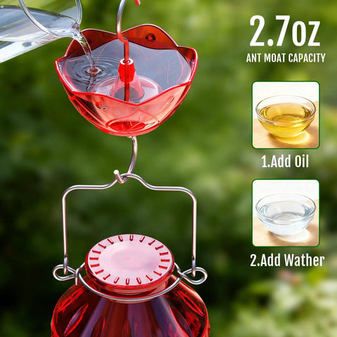 Glass Hummingbird Feeder For Outdoors, 25oz Red With 5 Flower Ports And Bee Guard, Ant Moat, Leakproof Design, 360 Degree Perch