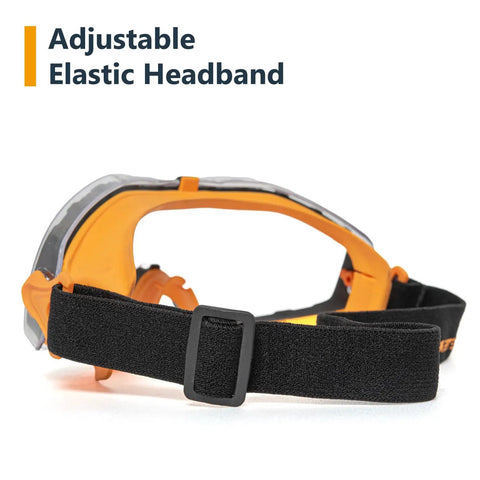 Side view of Over Glasses Protective Safety Goggles With Anti Fog UV Protection Scratch Resistant Lens, adjustable headband visible