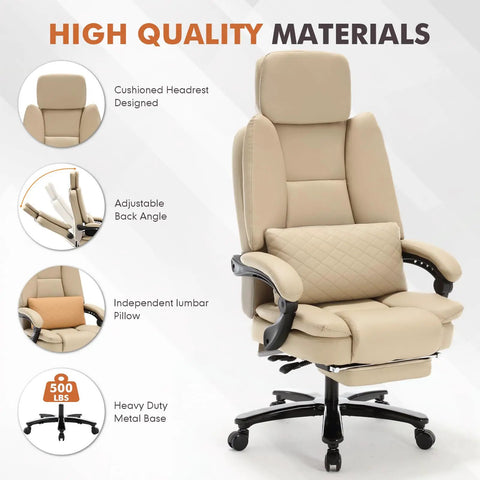 500lbs Capacity Big And Tall Office Chair With Lumbar Support PU Leather Heavy Duty Reclining Chair With Foot Rest Beige
