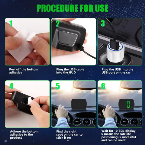 Procedure for use of Straight Shot GPS Digital Speedometer For Car Wireless Dash Speed Tracker with adhesive and USB installation steps.