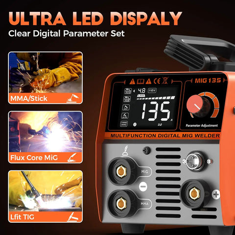 MIG Welder 110V Full Kit With 135A Synergy Flux Core Gasless MIG Lift TIG And ARC Auto Wire Feed Compact LED Display