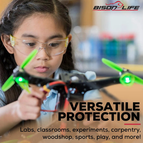 Assorted Color Kids Safety Glasses 12 Pack Over Glasses Design With Ansi Z87 Rating For Youth Providing Soft Tr90 Frames worn by girl using a drone.