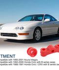 Red Energy Suspension Bushing Kit With Shift Linkage Hardware Pin Clip For Honda Civic CRX B Series Swap And Acura Integra Improve Shifts And Handling, shown with compatible car models.