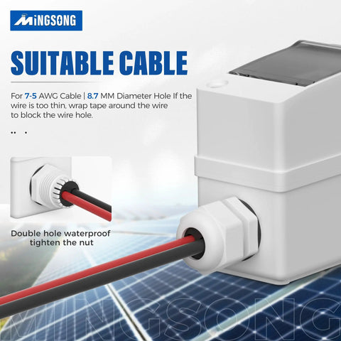 Close-up of 63 Amp Solar Panel Disconnect Switch For DC 12 To 400V And AC 90 To 400V in UV proof IP65 box with cable connected
