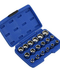 Three Eighths Drive Universal Socket Set 18 Piece Spline And SAE Metric Works On 6 Point 12 Point And Spline Fasteners in blue case