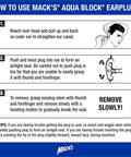 Instructions for using AquaBlock Silicone Ear Plugs for Swimming, illustrating ear positioning and plug insertion.