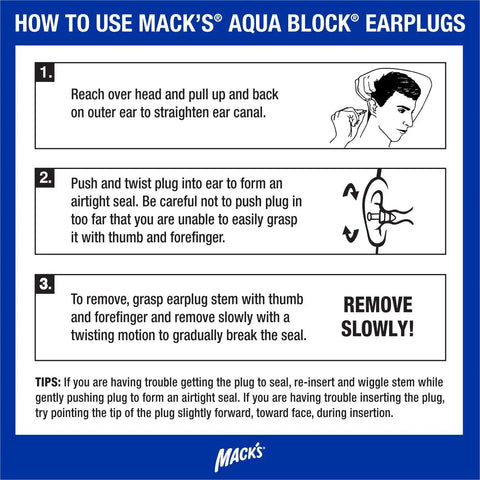 Instructions for using AquaBlock Silicone Ear Plugs for Swimming, illustrating ear positioning and plug insertion.