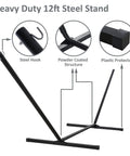 Two Person Hammock With Stand Heavy Duty Portable Hammock Supports Up To 475 Lbs Fade Resistant Quilted Polyester For Outdoor Camping And Backyard Chill Sessions Dark Grey showcasing 12 ft steel stand components.