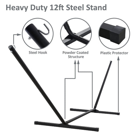 Two Person Hammock With Stand Heavy Duty Portable Hammock Supports Up To 475 Lbs Fade Resistant Quilted Polyester For Outdoor Camping And Backyard Chill Sessions Dark Grey showcasing 12 ft steel stand components.